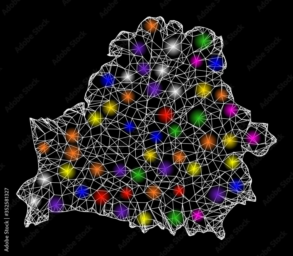 Web mesh vector map of Belarus with glitter effect on a black background. Abstract lines, light spots and points form map of Belarus constellation.