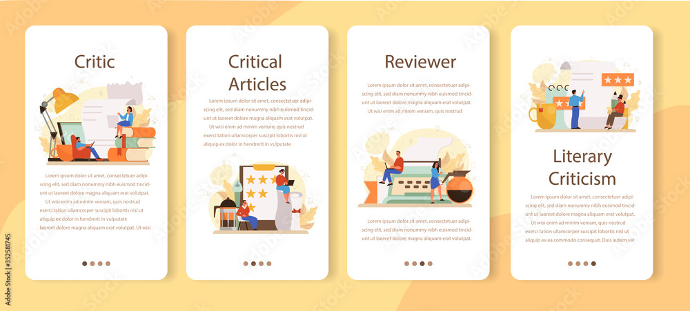 Professional critic mobile application banner set. Journalist making
