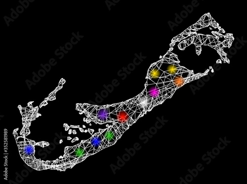 Web mesh vector map of Bermuda Islands with glare effect on a black background. Abstract lines, light spots and spheric points form map of Bermuda Islands constellation.