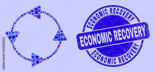 Geometric CCW circulation arrows mosaic icon and Economic Recovery watermark. Blue vector rounded scratched watermark with Economic Recovery text.