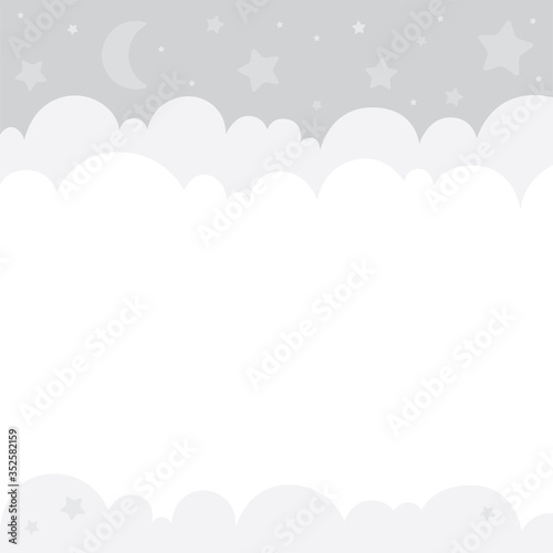 Night sky and white clouds. Sky with moon, stars and clouds cartoon style drawing vector illustration. Clouds background. Part of set. 