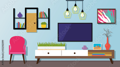 modern living room interior. Furniture, armchair, indoor plants, TV, picture