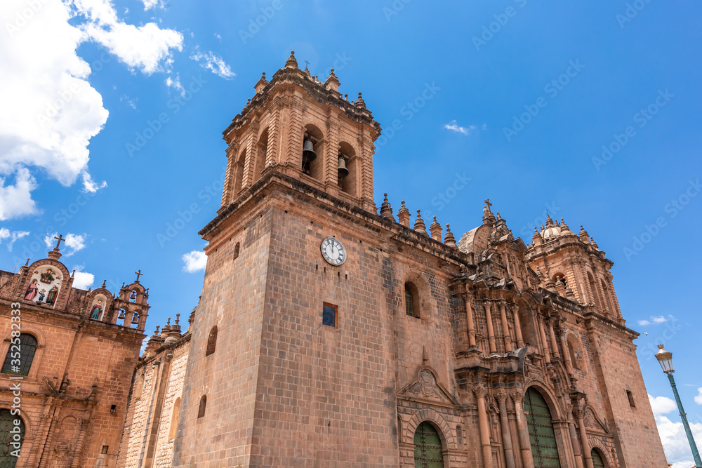 Cuzco in Peru, panoramic view of the Main square an the cathedral church.