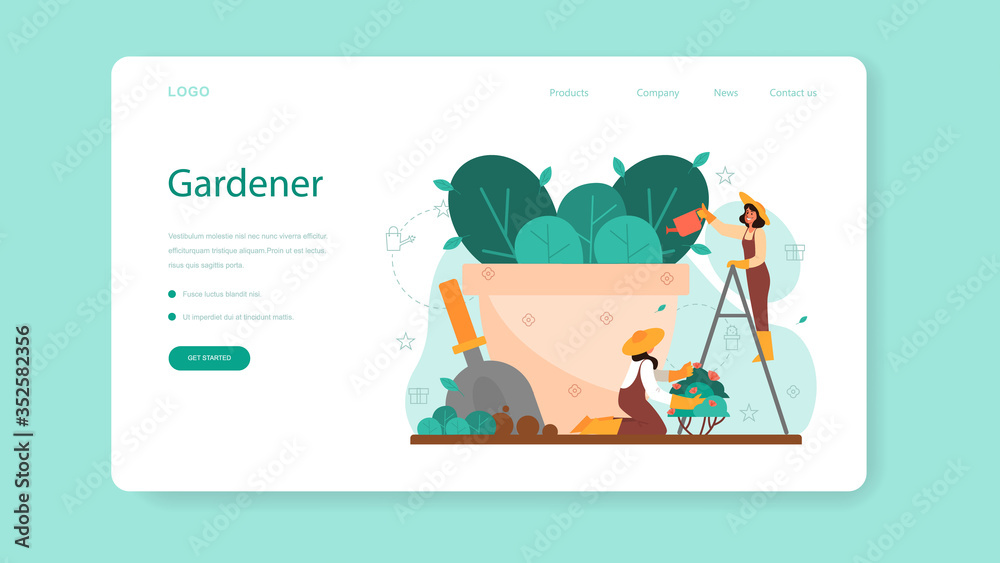 Fototapeta premium Woman watering flower in the pot web banner or landing page.