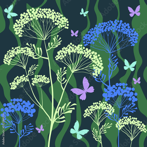 Beautiful background with yarrow and butterflies.