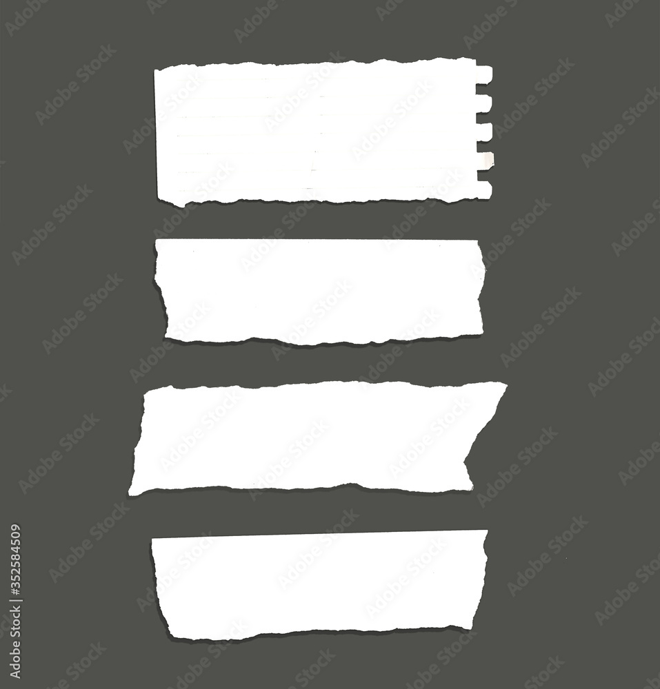 White ripped striped note, copybook, notebook paper stuck on light gray,black background.