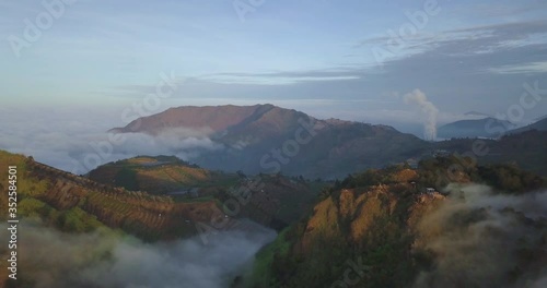 Aerial Mystic Fog Mountain, Sunrise view. Dieng Plateu Wonosobo Indonesia