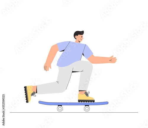 Young happy smiling boy skateboarder is riding on a skateboard. Vector illustration in flat style on white background.