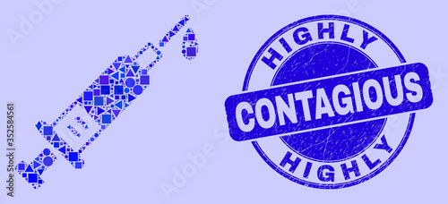 Geometric blood syringe mosaic icon and Highly Contagious seal stamp. Blue vector rounded scratched seal stamp with Highly Contagious phrase. Abstract concept of blood syringe designed of circle,