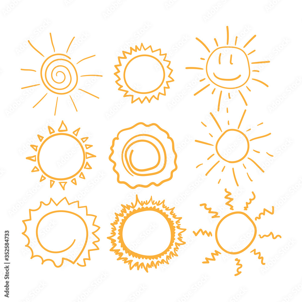 Set of different suns drawn by hand. Doodle, sketch, scribble. Simple vector illustration.