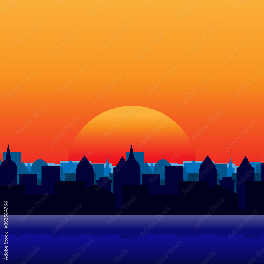 Sunrise over the city by the water. Urban landscape. Flat vector illustration.