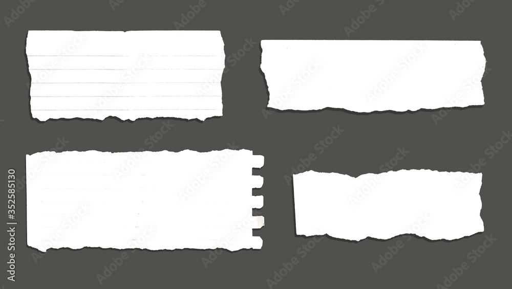 White ripped striped note, copybook, notebook paper stuck on light gray,black background.