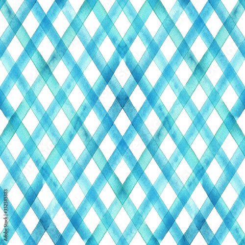 Watercolor stripe diagonal plaid seamless pattern. Turquoise stripes on white background