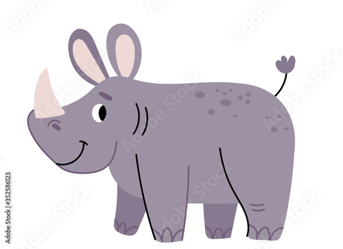 Cute rhinoceros illustration isolated on white background.Simple Illustration for children s book. African animal in cartoon style. Perfect for greetings  cards  posters  congratulations  or store. 