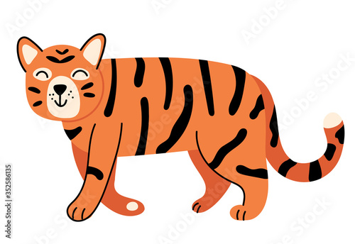 Cute tiger  illustration isolated on white background.Simple Illustration for children's book. African animal in cartoon style. Perfect for greetings, cards, posters, congratulations  or store. 