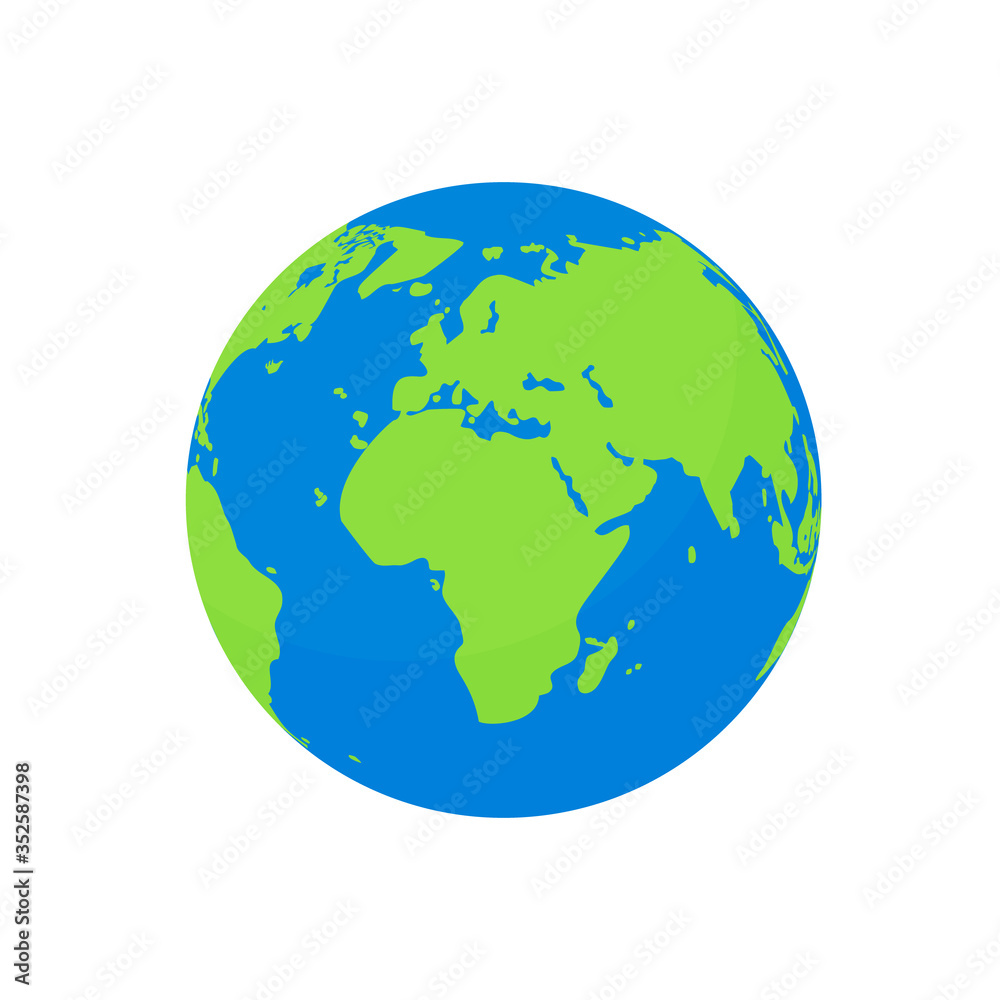 Flat earth globe isolated. Cartoon world planet with europe continent, america and blue ocean. Ecology concept. Nature geography on circle sphere. Simple map for travel. Green earth. vector.