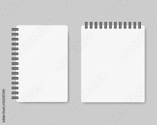 Realistic spiral notebook. Vertical and horizontal notepad mockup with binder ring. Isolated copybook for school, office. White paper diary with metal bound clips. Planner page for text. vector.