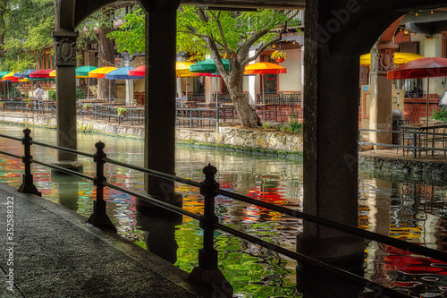 San Antonio River Walk near Alamo between E Crockett St and E Commerce St in downtown San Antonio, Texas, USA.