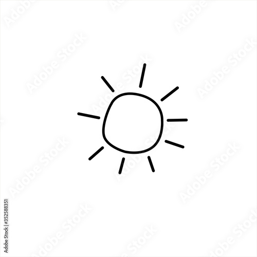 Sun icon. Symbol of sunny weather. Vector hand drawn illustration in the style of a doodle. Isolated on white background