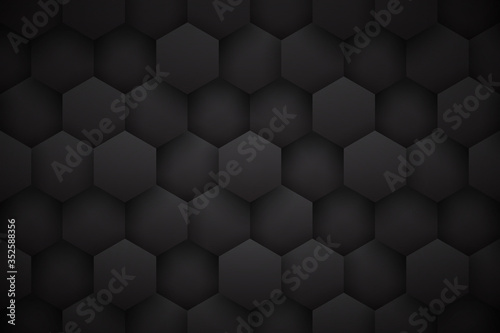 Dark Gray 3D Tech Hexagonal Blocks Pattern Minimalist Black Abstract Background. Science Technology Hexagons Grid Structure Conceptual Wallpaper. Three Dimensional Clear Blank Subtle Textured Backdrop