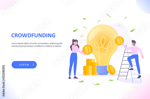 Fototapeta Naklejka Na Ścianę i Meble -  Crowdfunding or charity concept. Tiny people putting money into light bulb. Investment into startup or idea concept. Vector illustration for web banner or landing page