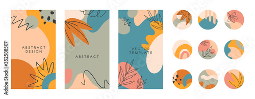 Bundle of editable insta story templates and highlights covers.Vector layouts with hand drawn organic shapes and textures.Abstract backgrounds.Trendy design for social media marketing.Social media kit