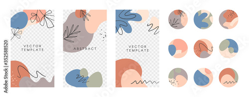 Bundle of editable insta story templates and highlights covers.Vector layouts with hand drawn organic shapes and textures.Abstract backgrounds.Trendy design for social media marketing.Social media kit