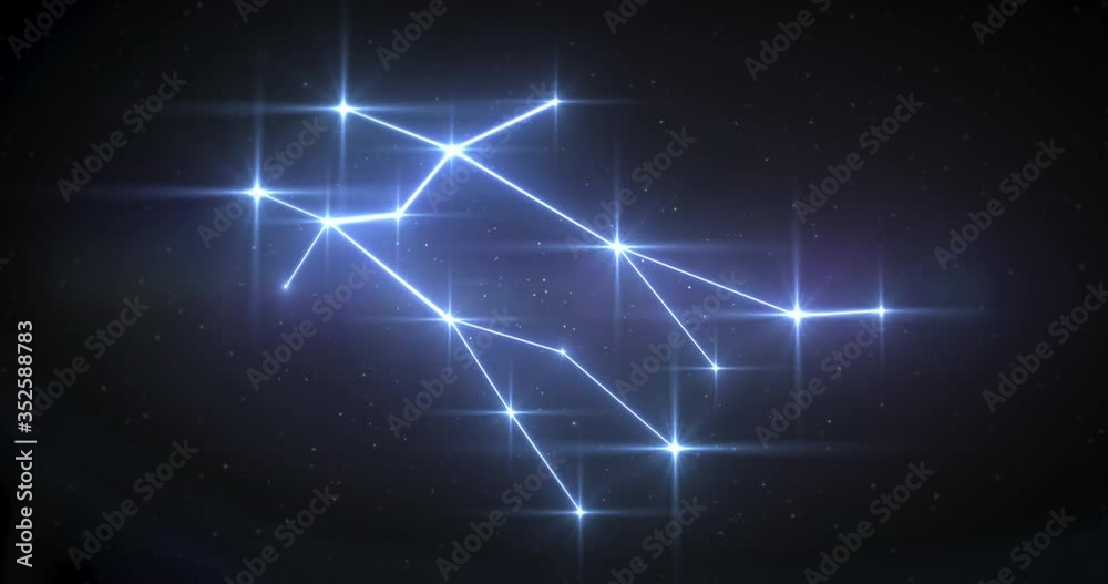 Zodiac signs Gemini constellation made of bright stars is connected by lines. Star zodiac sign animation on black background.