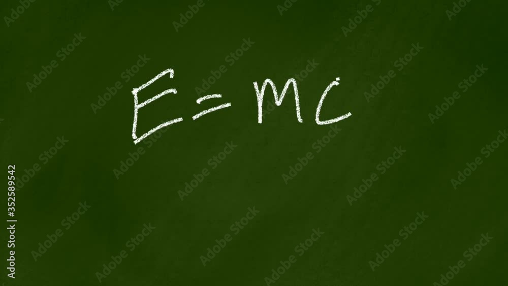 Chalk drawing mass-energy equivalent on school blackboard.