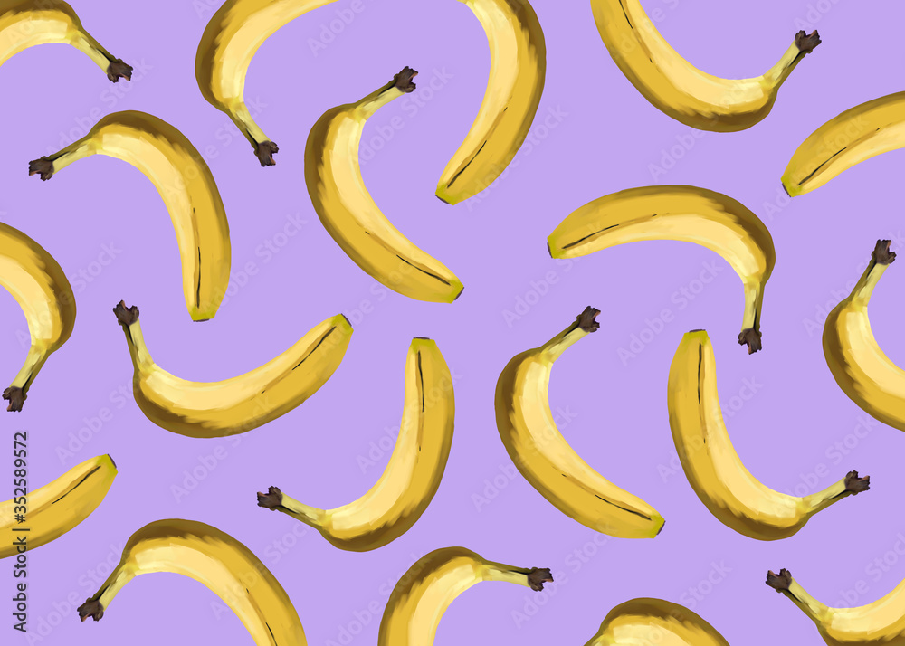 Banana pattern isolated on purple background. Summer fruit.