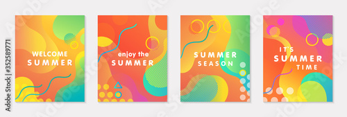 Bundle of modern vector summer posters with bright gradient background shapes and geometric elements.Trendy abstract design perfect for prints social media banners invitations branding design covers