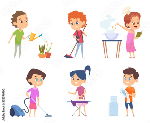 Kids housework. Childrens helping to their parents cleaning windows showering collect toys vector cartoon characters. Illustration housework cleaning, cartoon character vacuuming