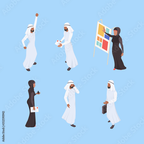 Muslim isometric. Business arabic characters working office managers male female dubai workers vector persons. People muslim, businessman arabic saudi illustration