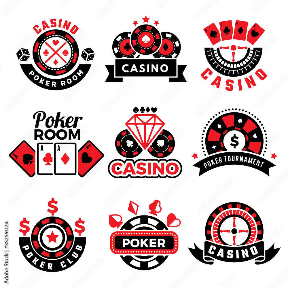 Fototapeta premium Casino badges. Gambling poker game chips dice images cards vector emblems set. Poker casino and gambling emblem illustration