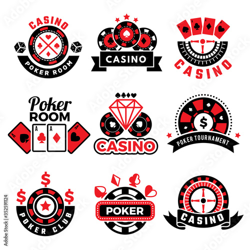Casino badges. Gambling poker game chips dice images cards vector emblems set. Poker casino and gambling emblem illustration