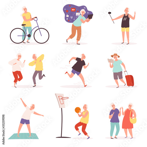 Old people with gadgets. Elderly lifestyle making selfie smartphone various activities vector cartoon set. Elderly man and grandmother with gadget illustration