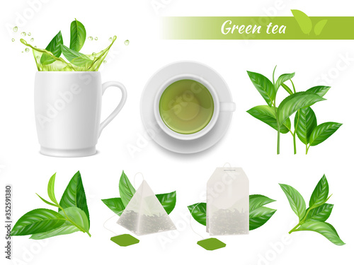Hot tea realistic. Green leaves cups water splashes aromatic green tea tags vector advertizing set. Hot green tea, cup drink beverage illustration