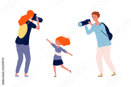 Parents and kid. Mother and father making photo their child. Happy family time, cute baby girl vector illustration. Mother and woman photo shoot kid, photography joyful