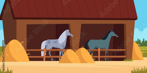 Stable for horse. Care for domestic animal strong horses eating equestrian equipment concept vector cartoon background. Barn with horse illustration, farm animal