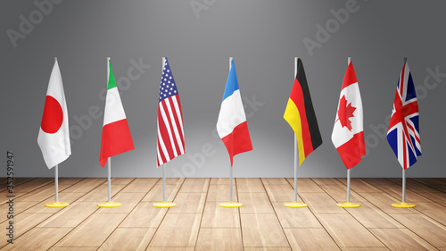 G7 summit or meeting concept. Row from flags of members of G7 group of seven and list of countries, 3d illustration