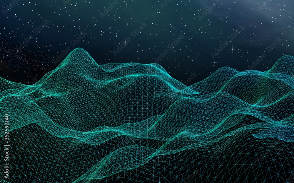 Abstract landscape on a dark background. Cyberspace grid. hi tech network. Outer space. Starry outer space texture. 3D illustration Abstract landscape on a dark background. Cyberspace grid. hi tech network. Outer space. Starry outer space texture. 3D illustration
