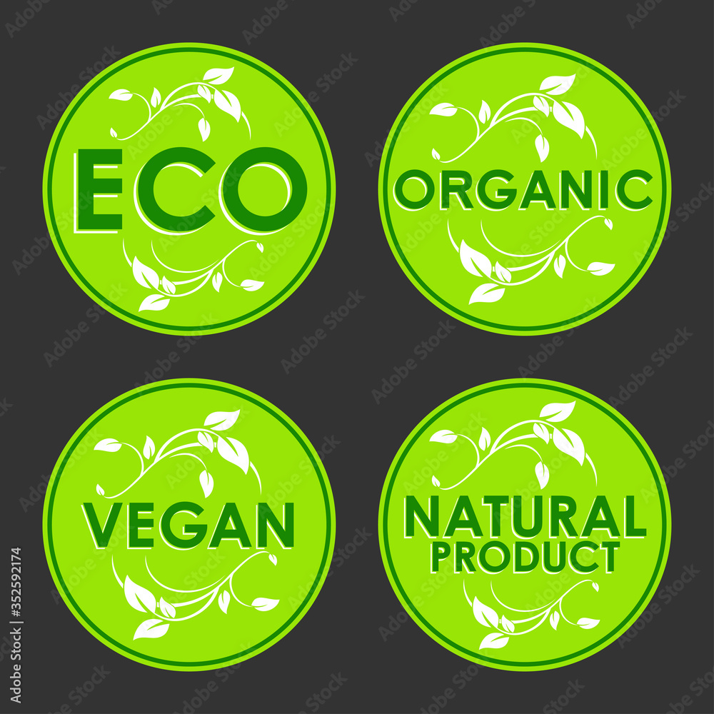 Eco Organic Vegan Natural Set vector icon. Ecology flat vector sign. Vector illustration