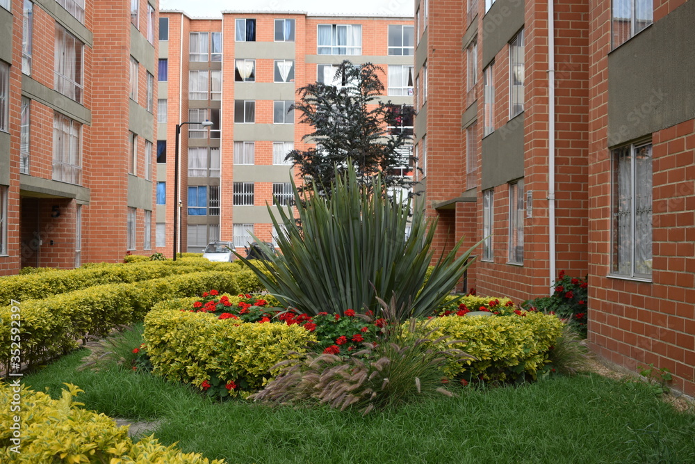 Hermoso conjunto de plantas, árboles y flores en armonía con la hierba, adornan el jardín de un complejo residencial. Hermoso conjunto de plantas, árboles y flores en armonía con la hierba, adornan el jardín de un complejo residencial.