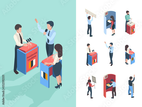 Political voting. People choice president or parliament reporters and speakers vote campaign vector isometric persons. Illustration candidate discussion, conversation presidential election