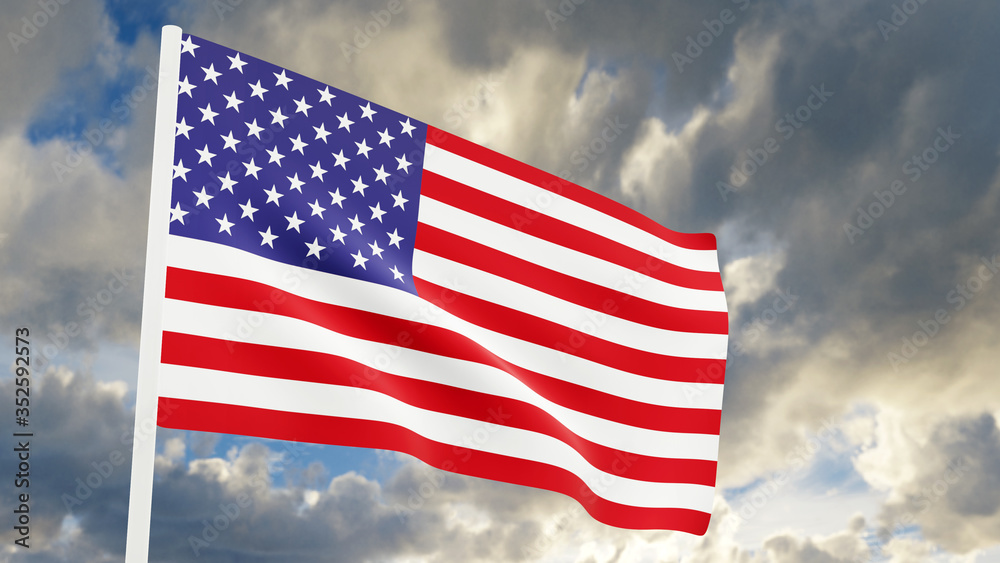 3d animation Realistic flag of USA waving in the wind against deep blue sky