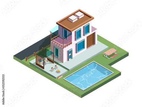 Outdoor patio. Wooden exterior terrace in garden with relax place luxury picnic barbecue cooking vector isometric kitchen. Wooden building on backyard with swimming pool illustration