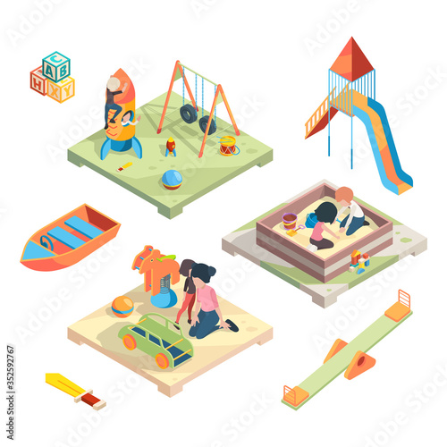 Playground isometric. Place for funny games kids preschool playing with babysitter in amusement park toys vector pictures. Preschool game, play with child on playground illustration