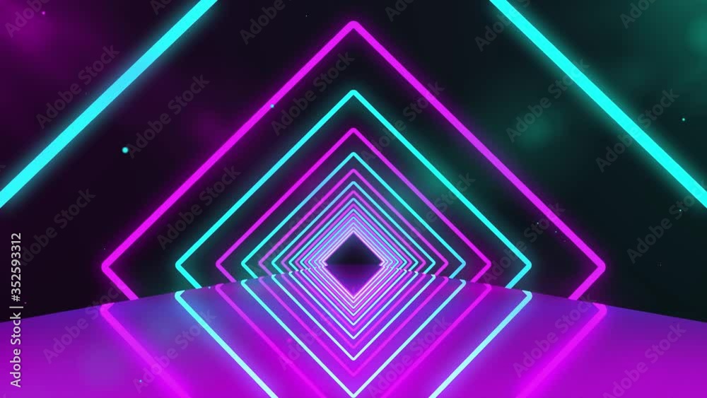 Futuristic neon tunnel with purple lights with particles. Abstract 3d animation of glowing neon bright lines geometric shapes and mirror reflection