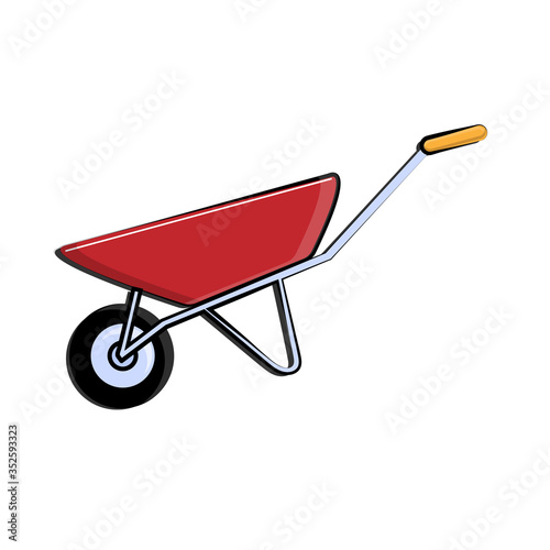 Construction red-and-blue icon of a single-wheeled trolley with one wheel designed for carrying heavy loads, building materials for repair. Construction tool. Vector