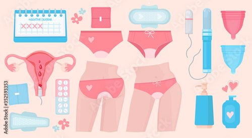 Women periodic. Menstrual cycles hygiene for female persons healthcare uterus and panties vector set. Hygiene and menstruation, menstrual sanitary female illustration